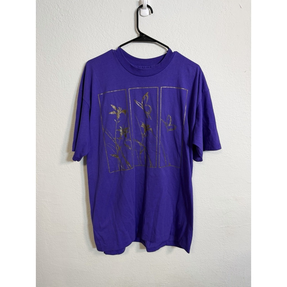 Vintage Single Stitch Flowers And Butterflies T Shirt Size 2XL Purse Rare 90s